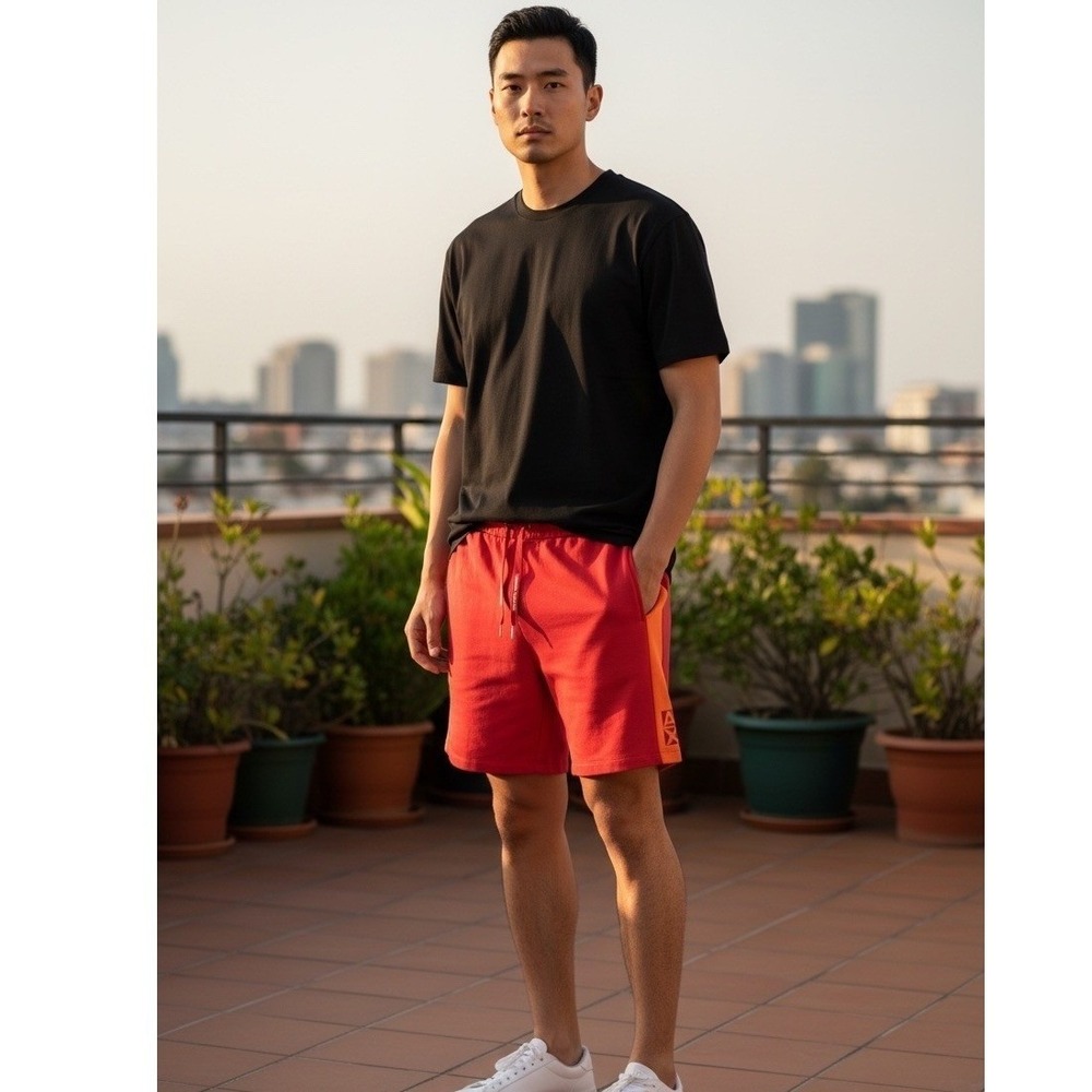 A|X Armani Exchange Mens Large Stripe Sweat Shorts Red Orange Cotton Organic NWT